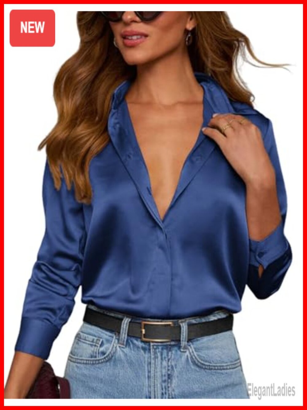 Satin Button Down Blouse Long Sleeve V-Neck Collared Women's Top